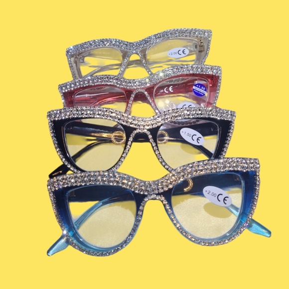 2:00 READING NUDE COLOR CAT EYE RINESTONE GLASSES - Picture 7 of 7